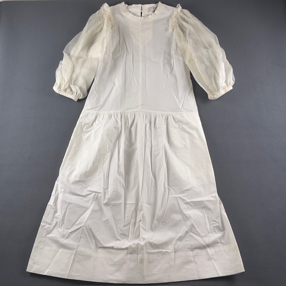 Sea New York Olive Puff-Sleeve Organza Midi Dress White Cotton Size 2